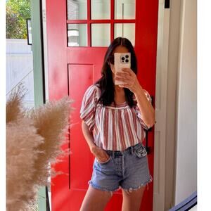 Ann Taylor LOFT Linen Peasant Blouse XS Red White Stripe